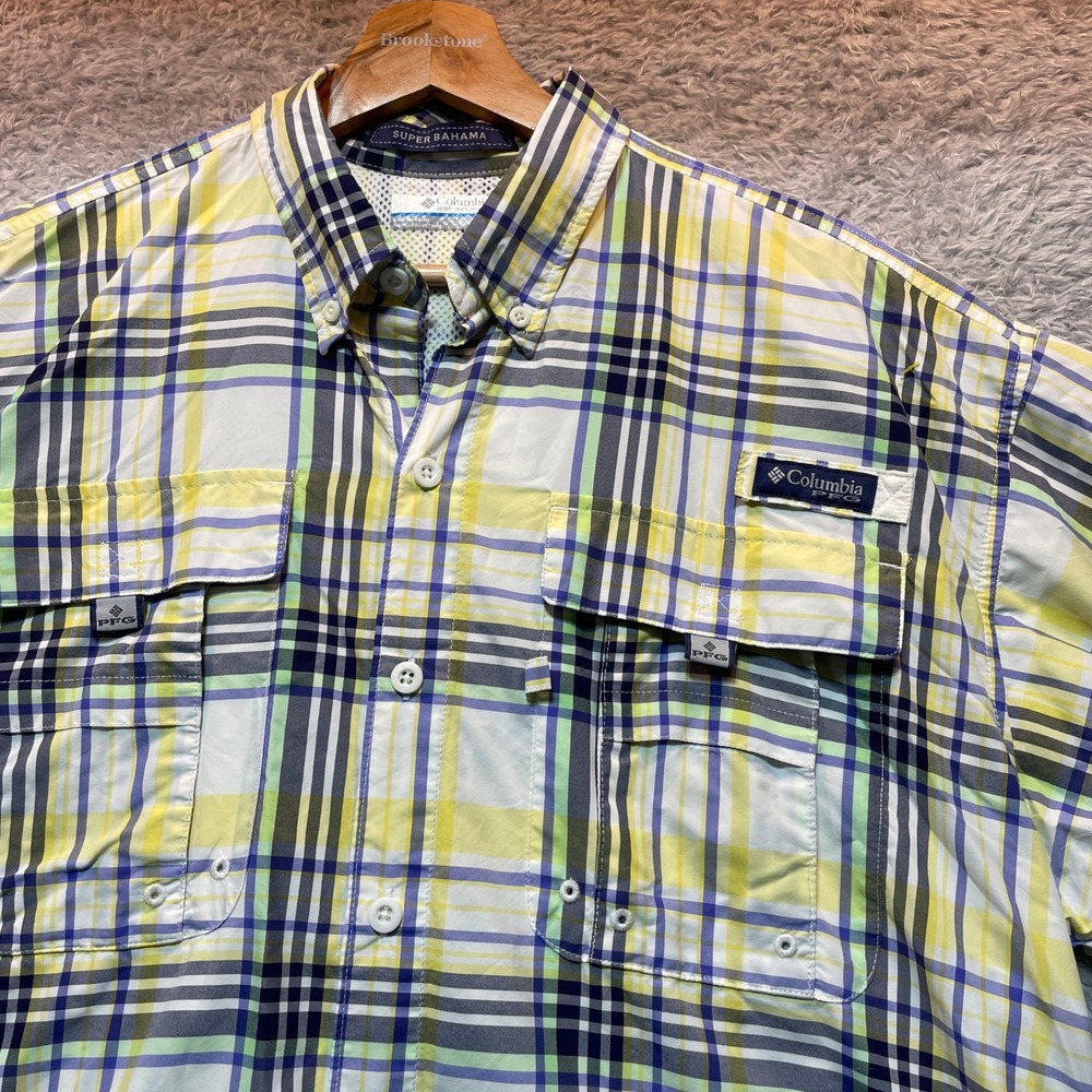 Columbia PFG Super Bahama Mens Medium Yellow Blue Plaid Fishing Shirt SS